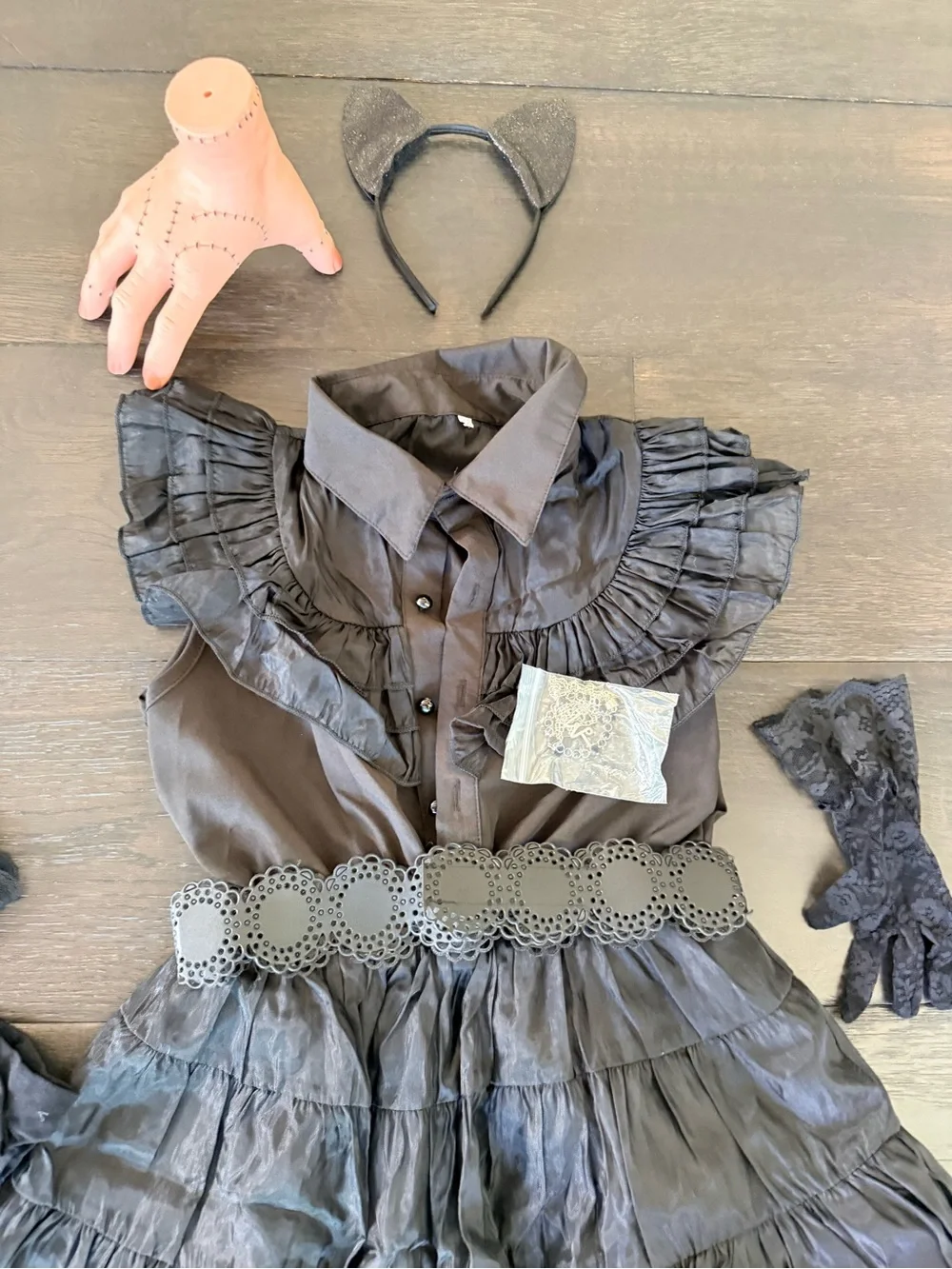 Wednesday Adams dress, accessories & The Thing Hand prop